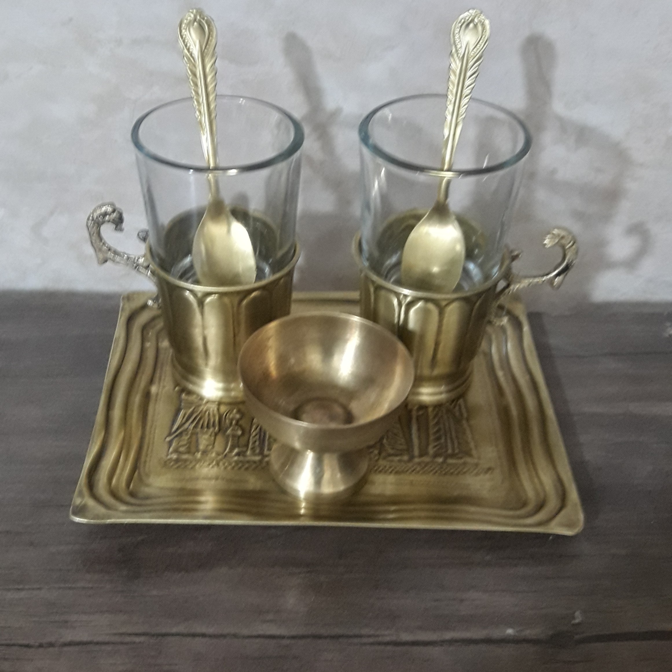 سرویس چای خوری دونفره برنجی آنتیک شده،کد 132