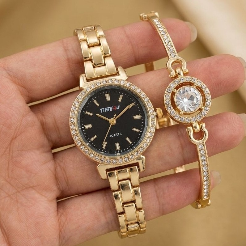 ساعت زنانه و دستبند نگینی طلایی+جعبه هدیه+ گارانتی