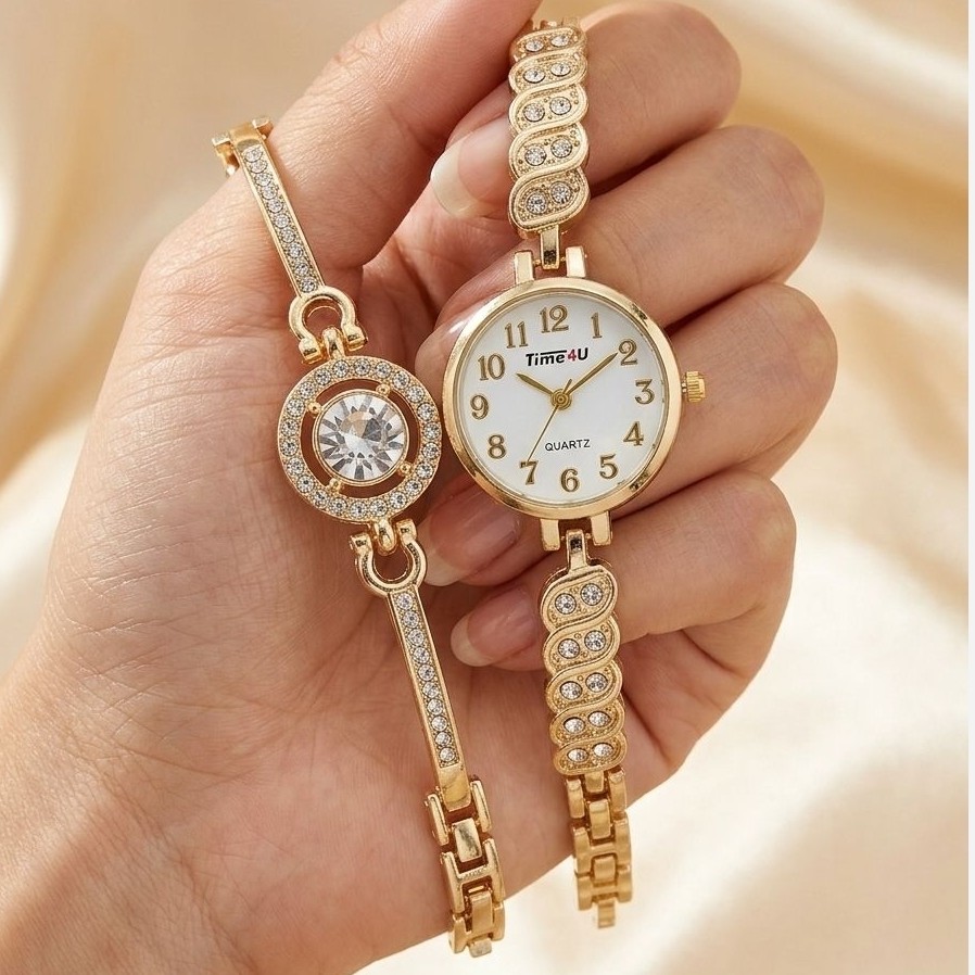ساعت زنانه و دستبند نگینی طلایی + جعبه هدیه+ گارانتی