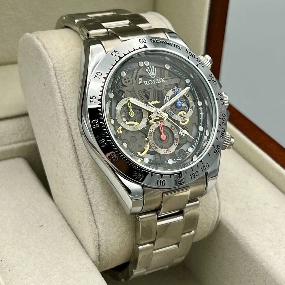 ساعت مردانه رولکس+صفحه مشکی+بند نقره ای+جعبه کادویی+6ماه گارانتی