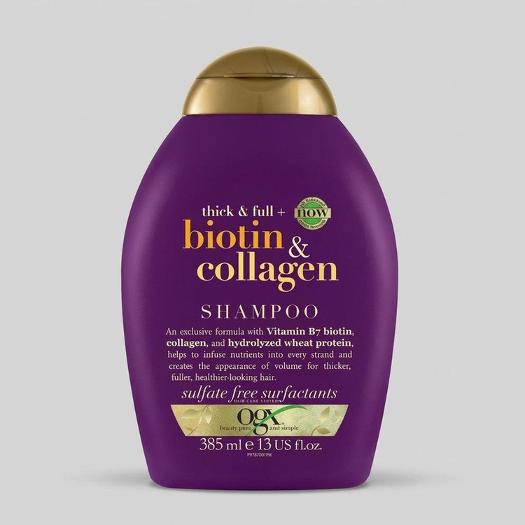 شامپو مو او جی ایکس مدل biotin & collagen حجم 385 میلیلیتر، تقویتکننده، ضد ریزش، ترمیمکننده، آبرسان، براقکننده، بدون سولفات، مناسب انواع مو