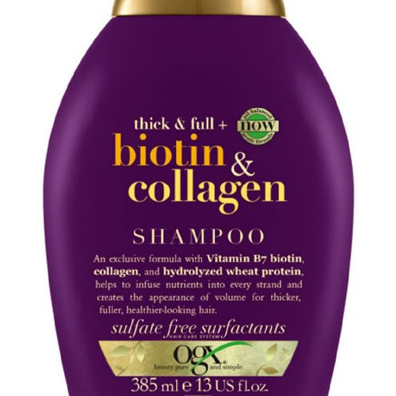 شامپو مو او جی ایکس مدل biotin & collagen حجم 385 میلیلیتر، تقویتکننده، ضد ریزش، ترمیمکننده، آبرسان، براقکننده، بدون سولفات، مناسب انواع مو