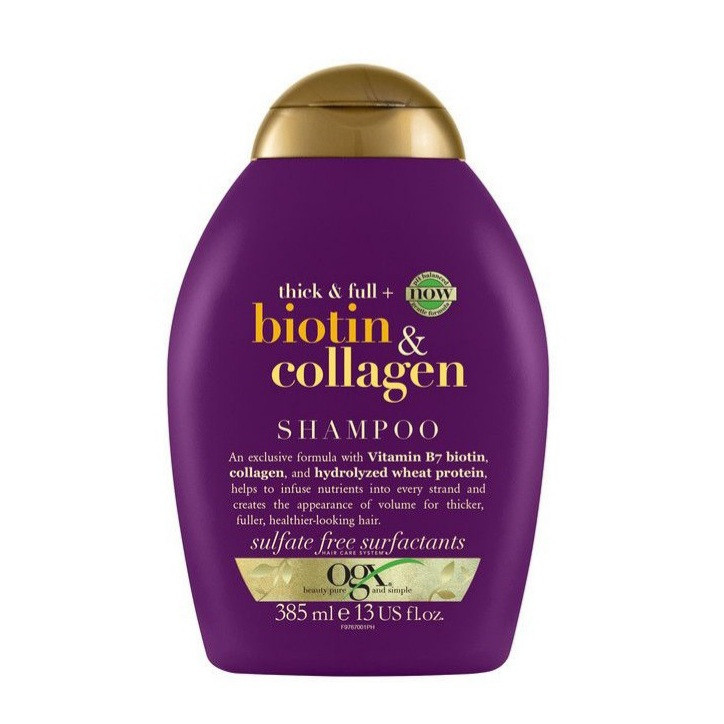 شامپو مو او جی ایکس مدل biotin & collagen حجم 385 میلیلیتر، تقویتکننده، ضد ریزش، ترمیمکننده، آبرسان، براقکننده، بدون سولفات، مناسب انواع مو