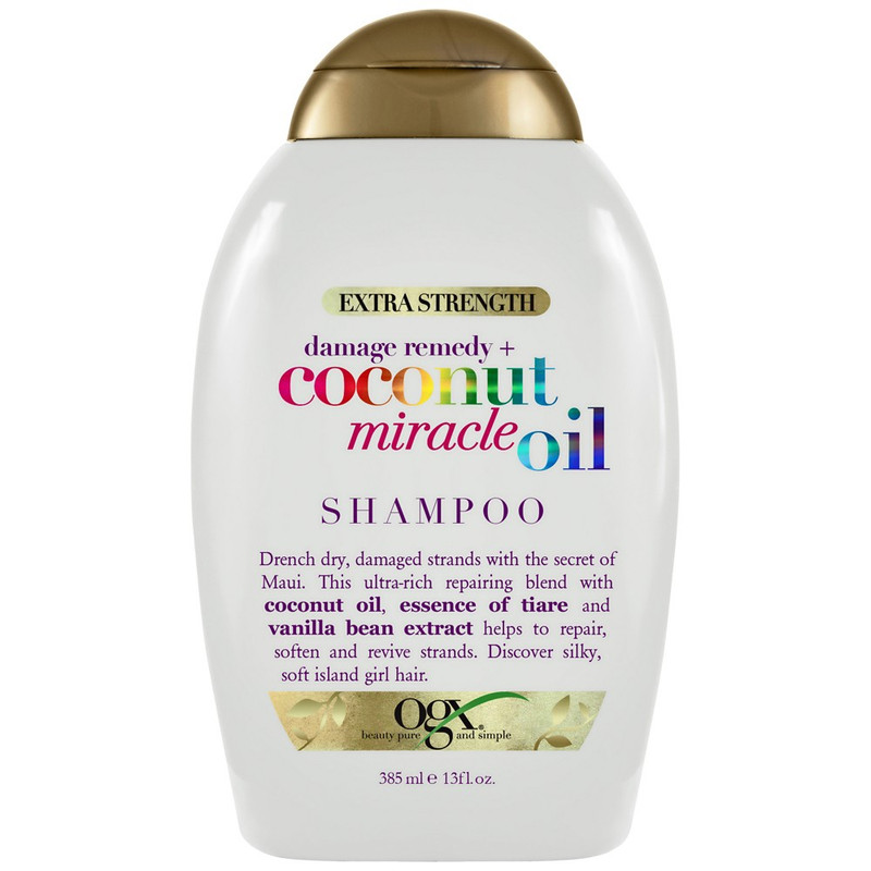 شامپو مو او جی ایکس مدل Coconut Miracle Oil حجم 385 میلیلیتر، نرمکننده، تقویتکننده، ترمیمکننده، درخشانکننده، آبرسان، فاقد پارابن و سولفات، مناسب موهای ضخیم، فر و آسیبدیده