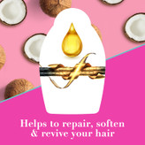 شامپو مو او جی ایکس مدل Coconut Miracle Oil حجم 385 میلیلیتر، نرمکننده، تقویتکننده، ترمیمکننده، درخشانکننده، آبرسان، فاقد پارابن و سولفات، مناسب موهای ضخیم، فر و آسیبدیده