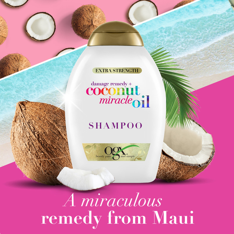شامپو مو او جی ایکس مدل Coconut Miracle Oil حجم 385 میلیلیتر، نرمکننده، تقویتکننده، ترمیمکننده، درخشانکننده، آبرسان، فاقد پارابن و سولفات، مناسب موهای ضخیم، فر و آسیبدیده
