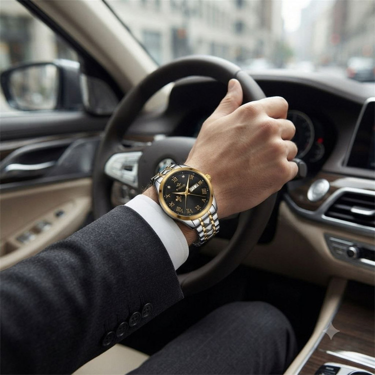 ساعت مچی عقربه ای مردانه بین باند نگینی دو تقویم بند الماسی کد 09