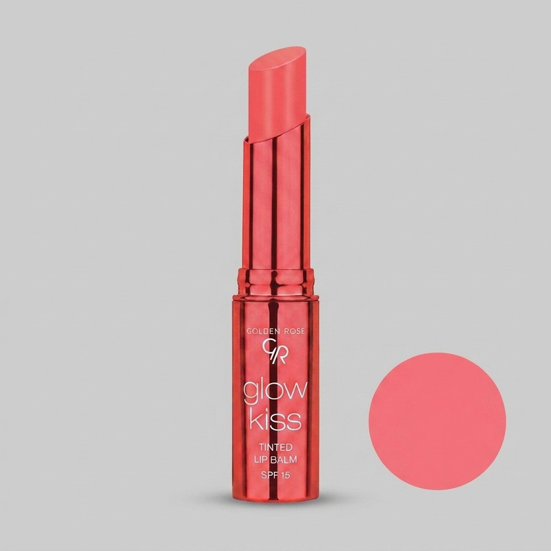 بالم لب رنگی گلدن رز مدل TINTED شماره 02 بافت کرمی، حاوی ویتامین E و هیالورونیک اسید، محافظت SPF 15، ماندگاری و رطوبت‌رسانی بالا، نمای نهایی براق و بدون چسبندگی