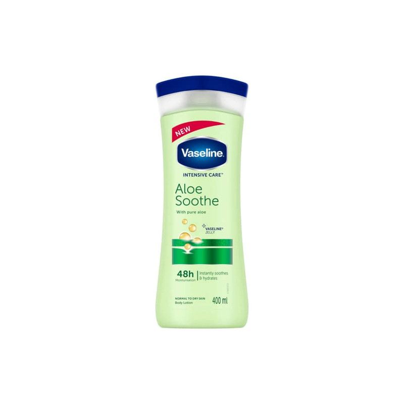 لوسیون نرم‌کننده بدن وازلین مدل Aloe Soothe حجم 400 میلی‌لیتر حاوی آلوئه ورا و ویتامین E با ماندگاری رطوبت تا 48 ساعت و مناسب پس از استحمام