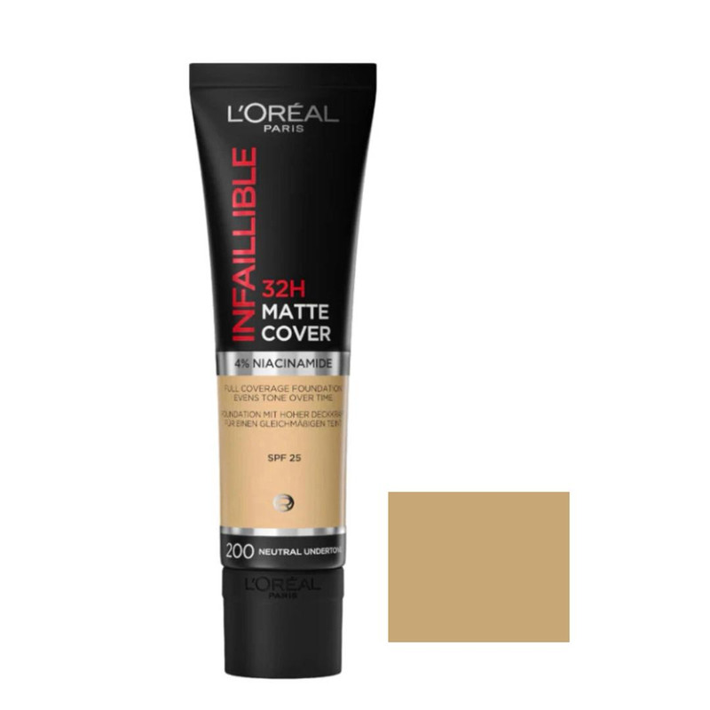 کرم پودر مایع Spf 25 لورآل مدل Matte Cover 32H شماره 200 مناسب برای انواع پوست حجم 30 میلی‌ لیتر