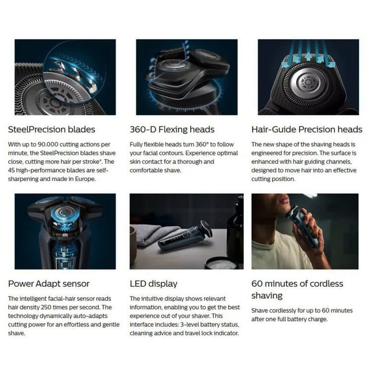 ماشین اصلاح موی صورت فیلیپس مدل S5898 با تکنولوژی Skin IQ و سنسور Power Adapt، ضد آب، تیغه استیل پیشرفته خودتیزشونده، شارژ سریع 5 دقیقهای، مدت استفاده 60 دقیقه، دارای خط زن، استند و کیف نگهداری