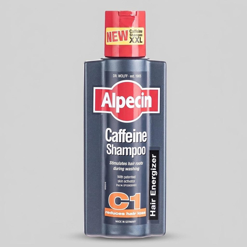 شامپو ضد ریزش مو آلپسین مدل Caffeine C1 حجم 375 میلی‌لیتر، حاوی کراتین و کمپلکس کافئین و نعناع، تقویت‌کننده ریشه مو، افزایش ضخامت و حجم‌دهنده، مناسب برای انواع مو و آقایان