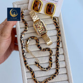سرویس پلنگی همراه ساعت زنانه با گردنبند و دستبند پلنگی و گوشواره پلنگی طرح طلا