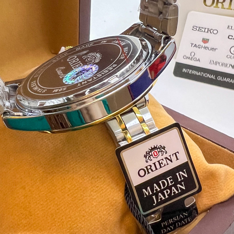 ساعت مردانه برند اورینت لوکس دو تقویمه استیل رنگ ثابت با تقویم فارسی و انگلیسی کیفیت عالی ORIENT