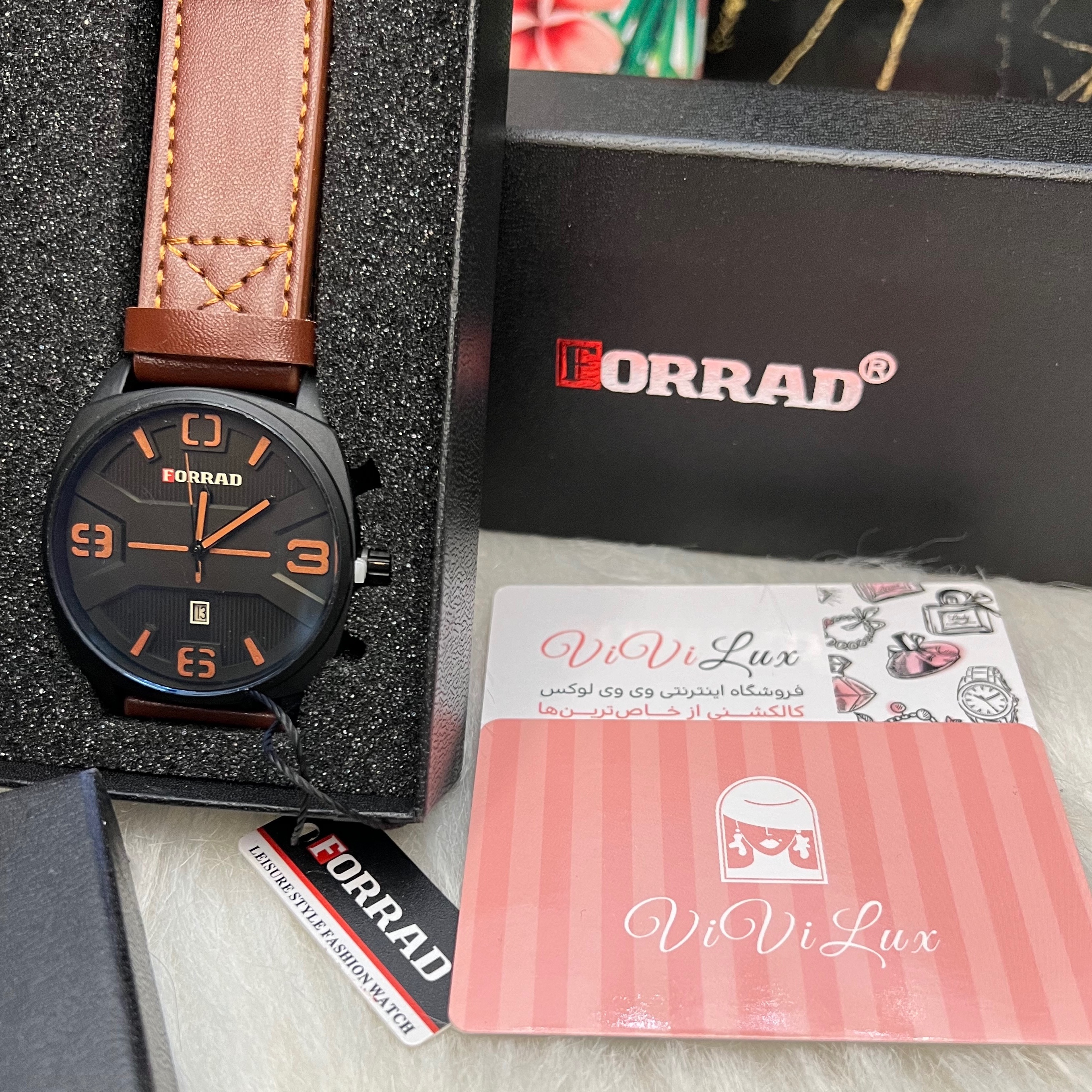 ساعت مردانه چرمی برند فوراد FORRAD با جعبه گارانتی 12 ماهه موتور
