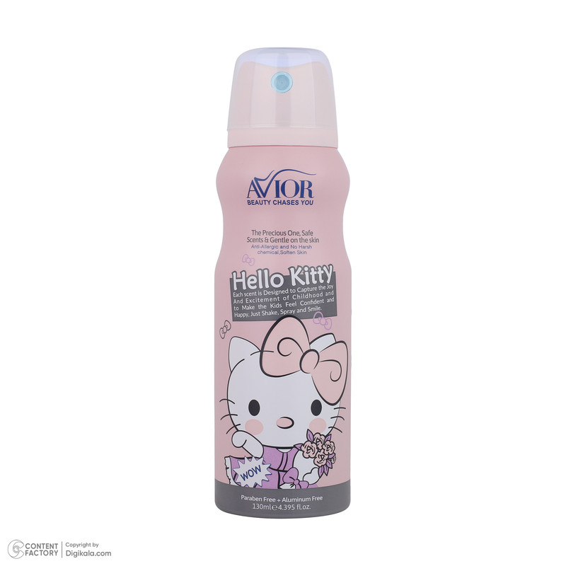 اسپری بدن کودک اویور مدل hello kitty حجم 130 میلیلیتر با رایحه گرم مناسب زمستان به همراه بادی اسپلش اویور مدل hello kitty حجم 60 میلیلیتر و بالم لب اویور مدل hello kitty با وزن 2.8 گرم