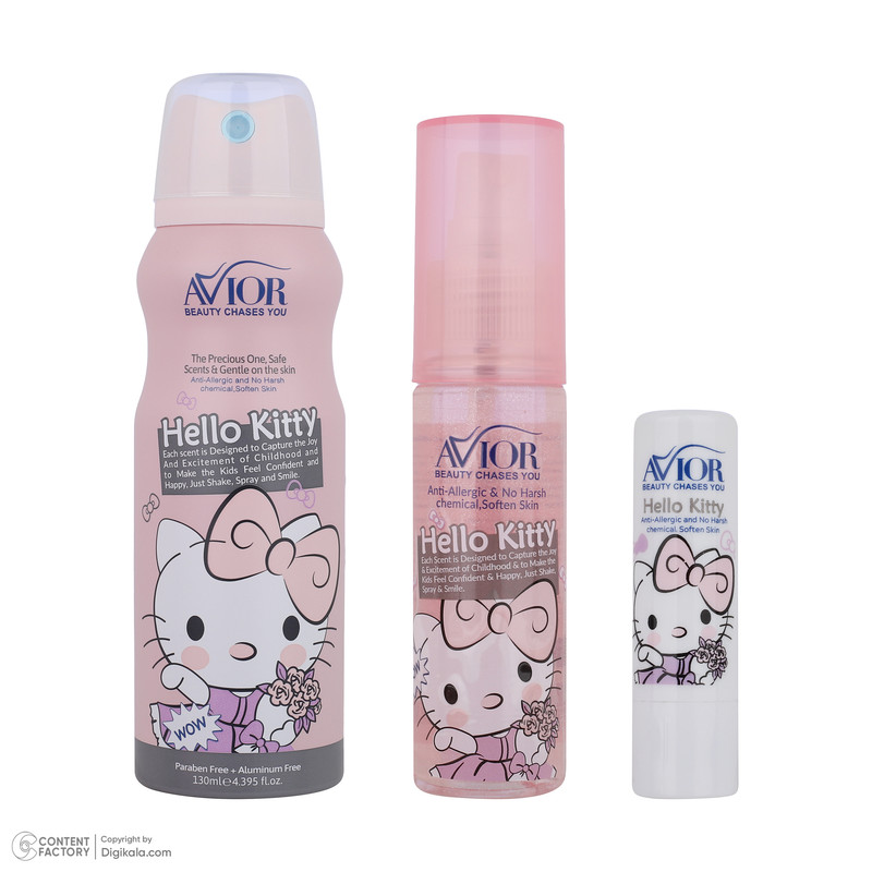 اسپری بدن کودک اویور مدل hello kitty حجم 130 میلیلیتر با رایحه گرم مناسب زمستان به همراه بادی اسپلش اویور مدل hello kitty حجم 60 میلیلیتر و بالم لب اویور مدل hello kitty با وزن 2.8 گرم