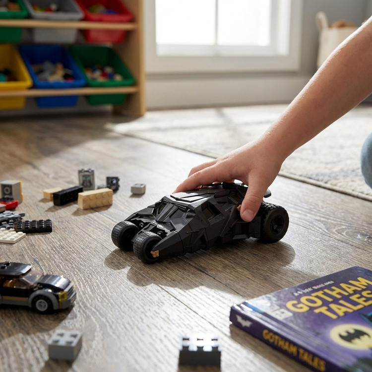ماشین بازی فانتزی رساکو مدل batmobile with batman با بدنه پلاستیکی، الهامگرفته از نمونه واقعی، 6 چرخ و ابعاد 320x190x140 میلیمتر