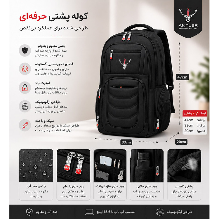کوله پشتی لپ تاپ آنتلر مدل Master 333 مناسب برای لپتاپهای تا 15.6 اینچ
